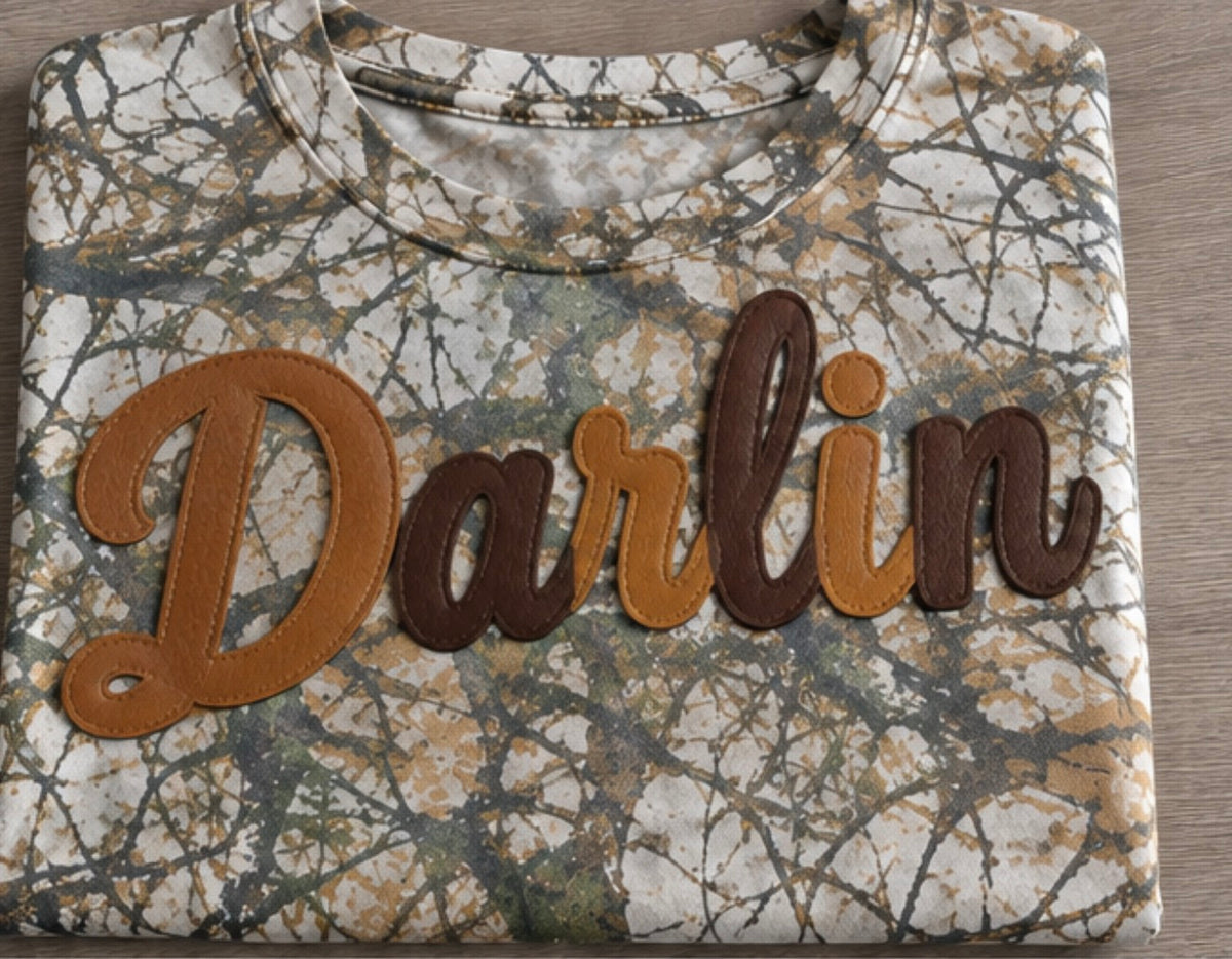 “Darlin” Faux Leather Camo Embroidered Tshirt