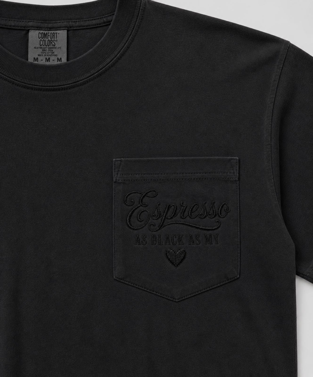 “Espresso Embroidered” Comfort colors pocket tshirt