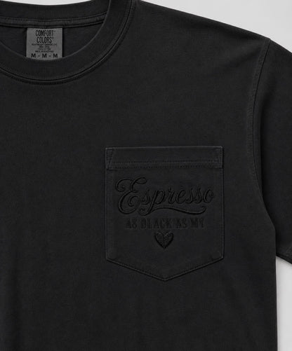 “Espresso Embroidered” Comfort colors pocket tshirt